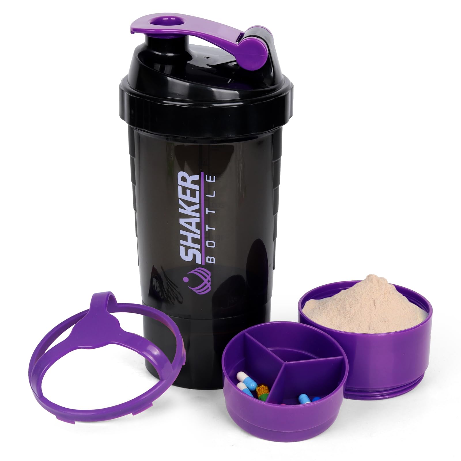 XTK Shaker Bottle Protein Shaker Bottles with Storage and Mix Ball, 16OZ Sports Water Bottle with Pill Organizer,Leak Proof Portable Shaker Bottles for Protein Mixes and Pre Work Out,BPA Free(purple)