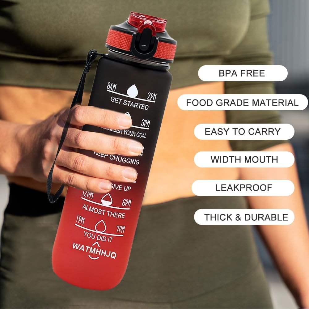 32oz Sports Water Bottle Outdoor, with Drinking Time and Capacity Labels, Sport Water Cups with Straw,BPA Free Leak Proof,for Fitness Gym Running Climbing (Black red)