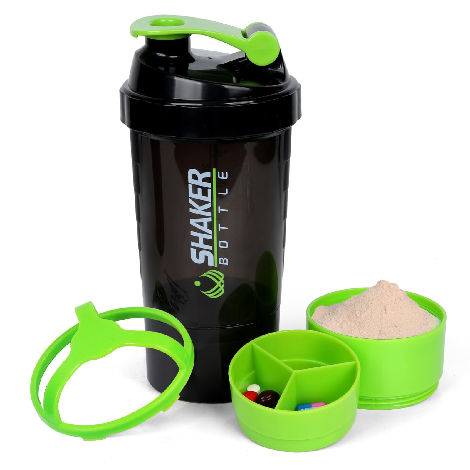 XTK Shaker Bottle Protein Shaker Bottles with Storage and Mix Ball, 16OZ Sports Water Bottle with Pill Organizer,Leak Proof Portable Shaker Cup for Protein Mixes and Pre Work Out,BPA Free(white)