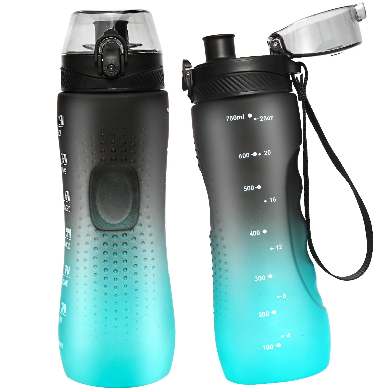 Water Bottle,25 oz Motivational Water Bottle with Time Marker,Sports Water Bottle with Carrying Strap,Leakproof & BPA Free,Reusable,for Teenager, Adult,Outdoors, Cycling, School & Office
