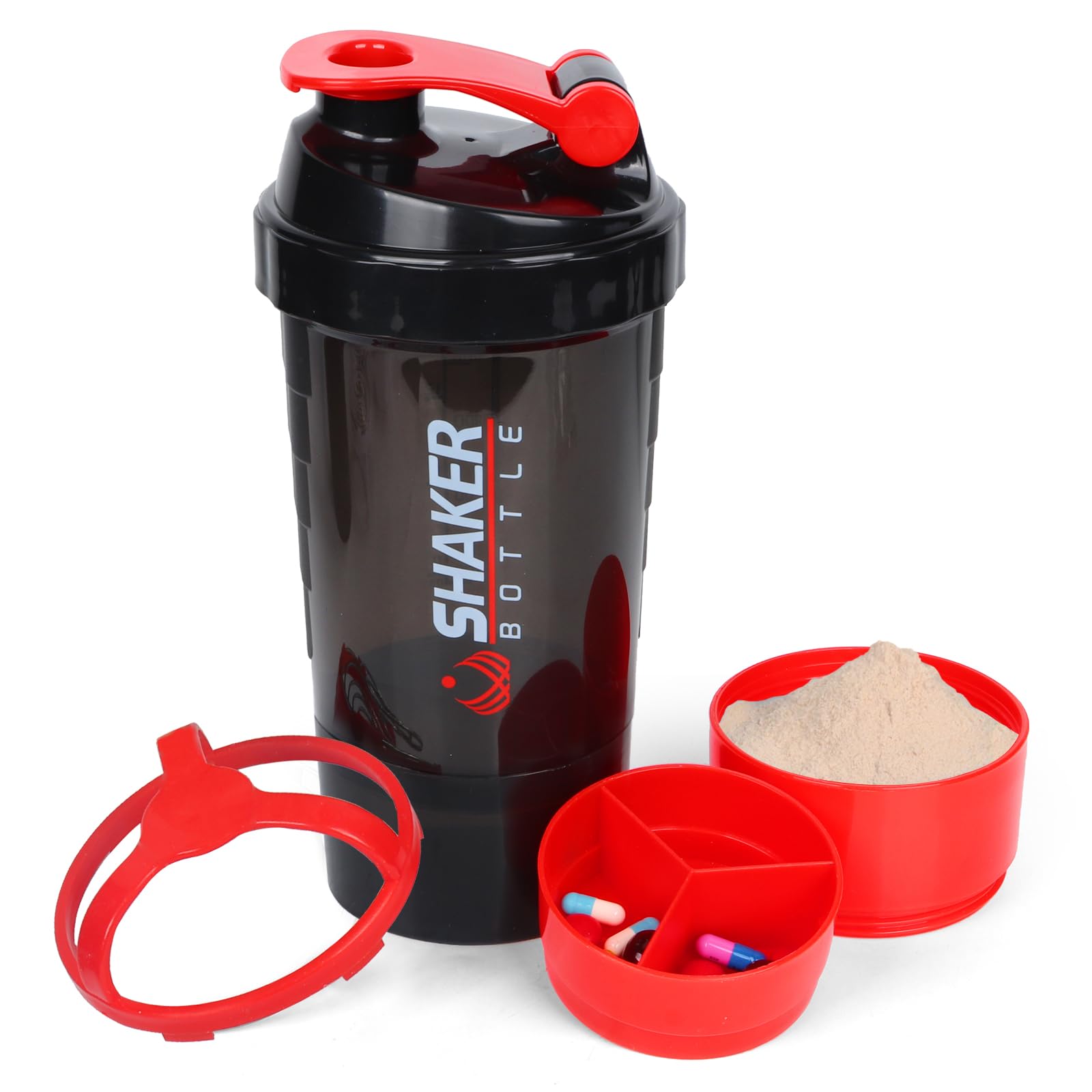 XTK Shaker Bottle Protein Shaker Bottles with Storage and Mix Ball, 16OZ Sports Water Bottle with Pill Organizer,Leak Proof Portable Shaker Cup for Protein Mixes and Pre Work Out,BPA Free(white)
