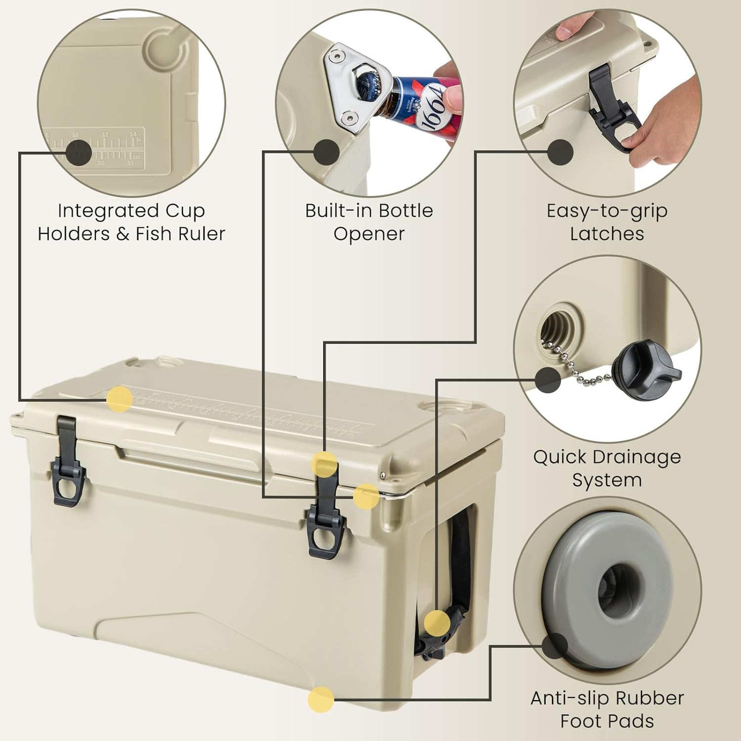 Goplus Cooler, Insulated Large Ice Chest with Portable Handles, Integrated Cup Holders, Leak-Proof Tight Latches, 5-7-day Ice Retention, Heavy Duty Hard Coolers for Beach, Picnic, Camping, Boat