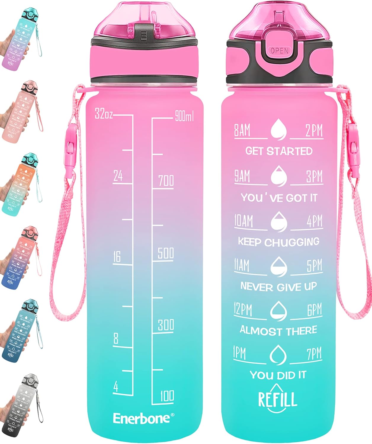 Enerbone 32 oz Drinking Water Bottle with Times to Drink and Straw, Motivational with Carrying Strap, Leakproof BPA & Toxic Free, Ensure You Drink Enough Water for Fitness Gym Outdoor