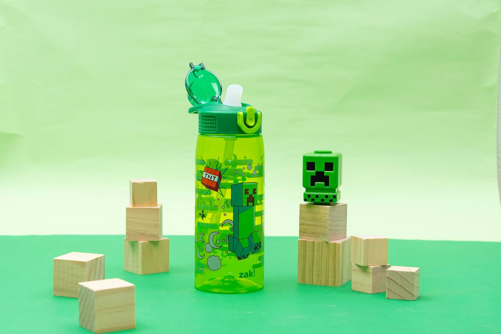 Zak Designs Minecraft Sage Water Bottle For School or Travel, 25oz Durable Plastic Water Bottle With Straw, Handle, and Leak-Proof, Pop-Up Spout Cover (Creeper)