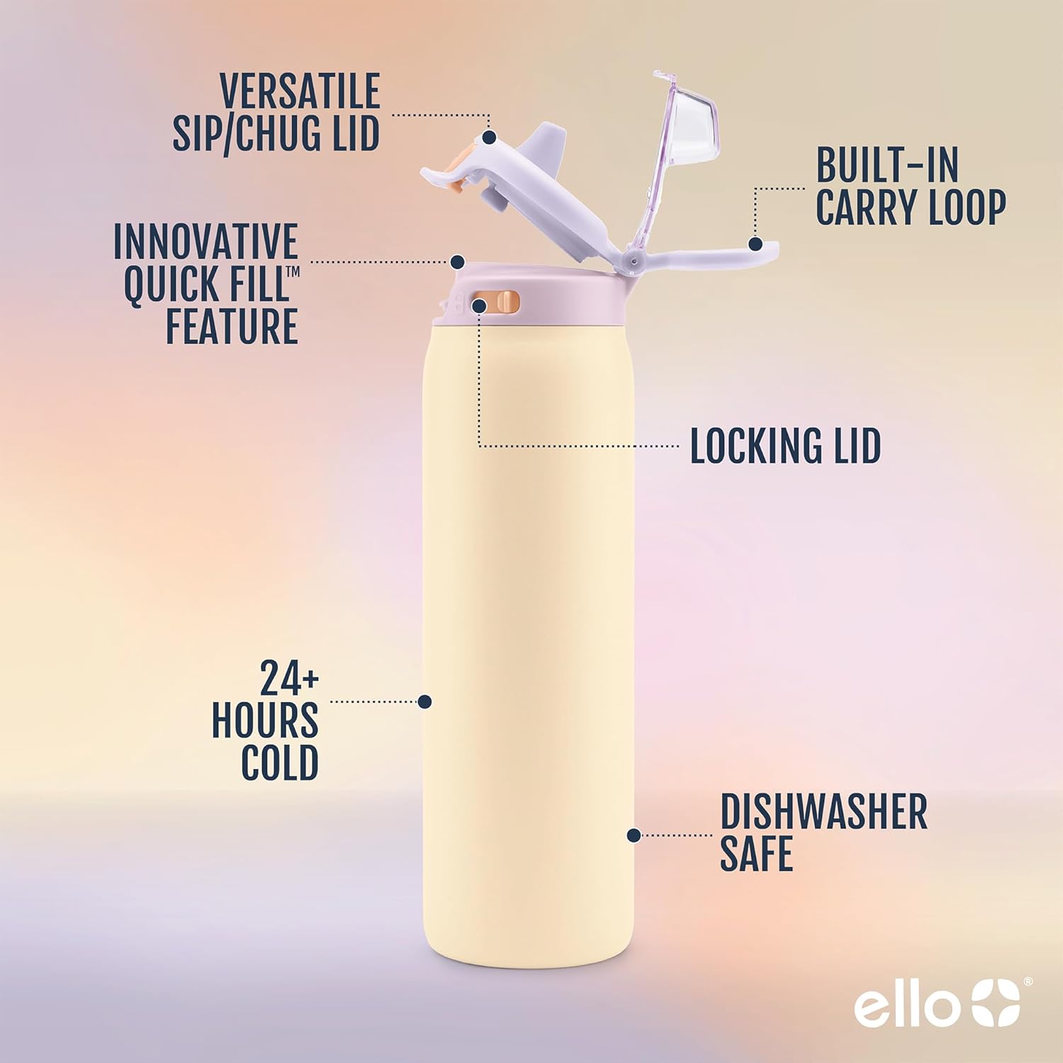Ello Pop & Fill Insulated Stainless Steel Water Bottle with Quick Fill Lid, Leakproof Locking, Sip or Chug Spout, BPA-Free, Double Wall Vacuum Insulated for Sports, Travel & School- 22oz / 32oz / 40oz