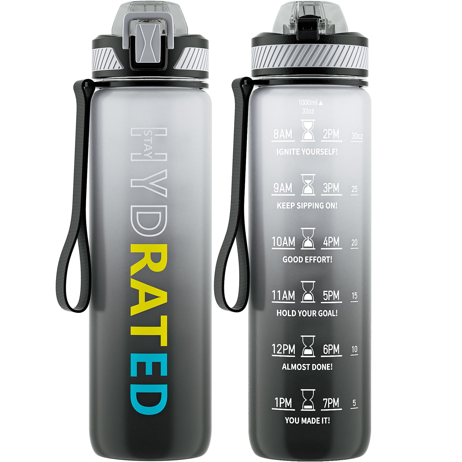 QLUR Water Bottle with Straw, 32oz Motivational Water Bottles with Time Marker to Drink, Tritan BPA Free, 1L Sports Water Bottle with Carry Strap LeakProof for Women Gym Fitness Outdoor (1 Pack)