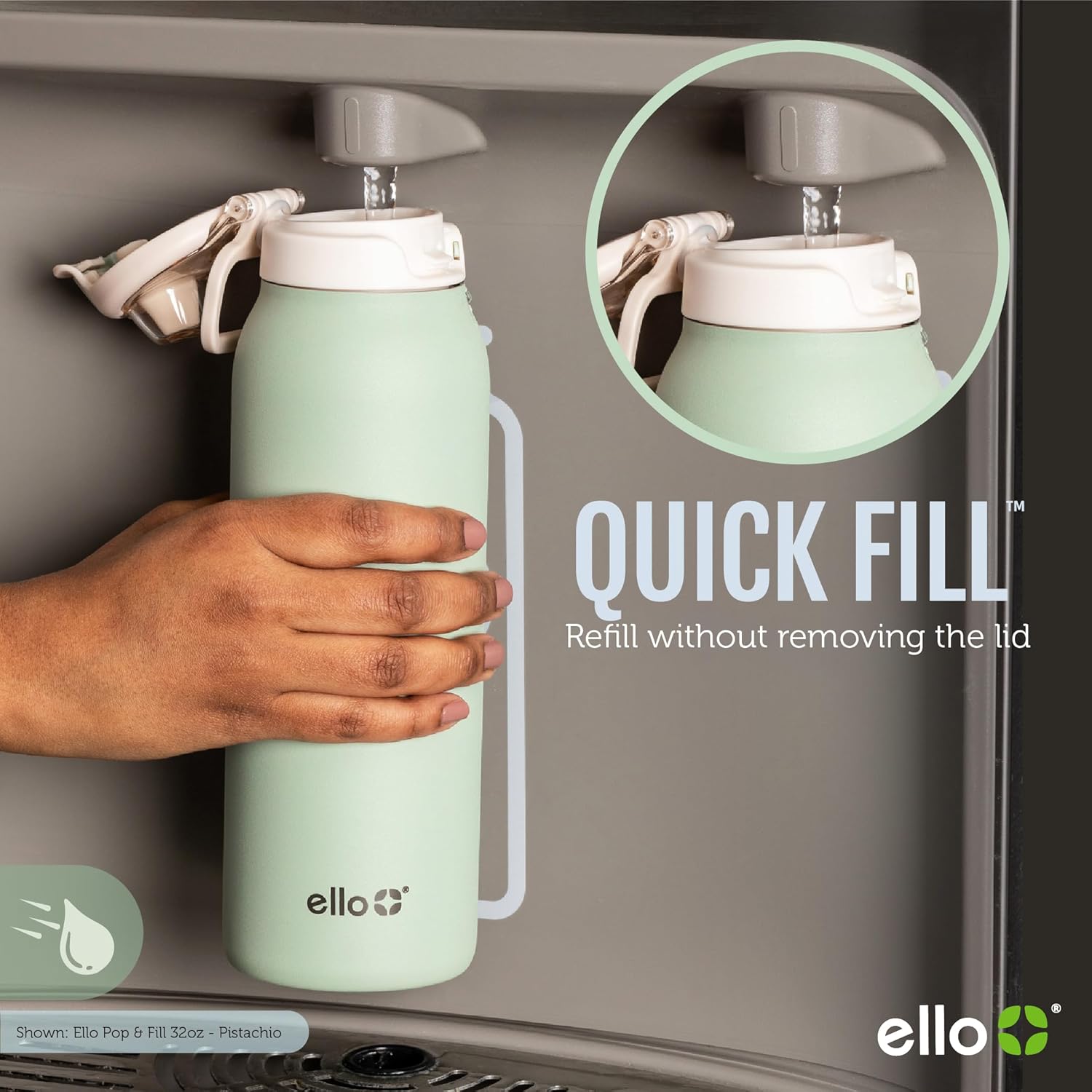 Ello Pop & Fill Insulated Stainless Steel Water Bottle with Quick Fill Lid, Leakproof Locking, Sip or Chug Spout, BPA-Free, Double Wall Vacuum Insulated for Sports, Travel & School- 22oz / 32oz / 40oz